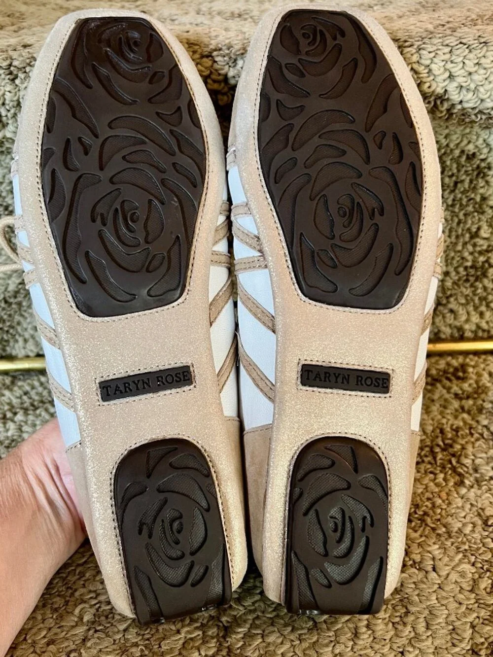NWOB Taryn Rose White & Gold Leather Ballet Style Sneakers Tennis Shoes Sz 7.5